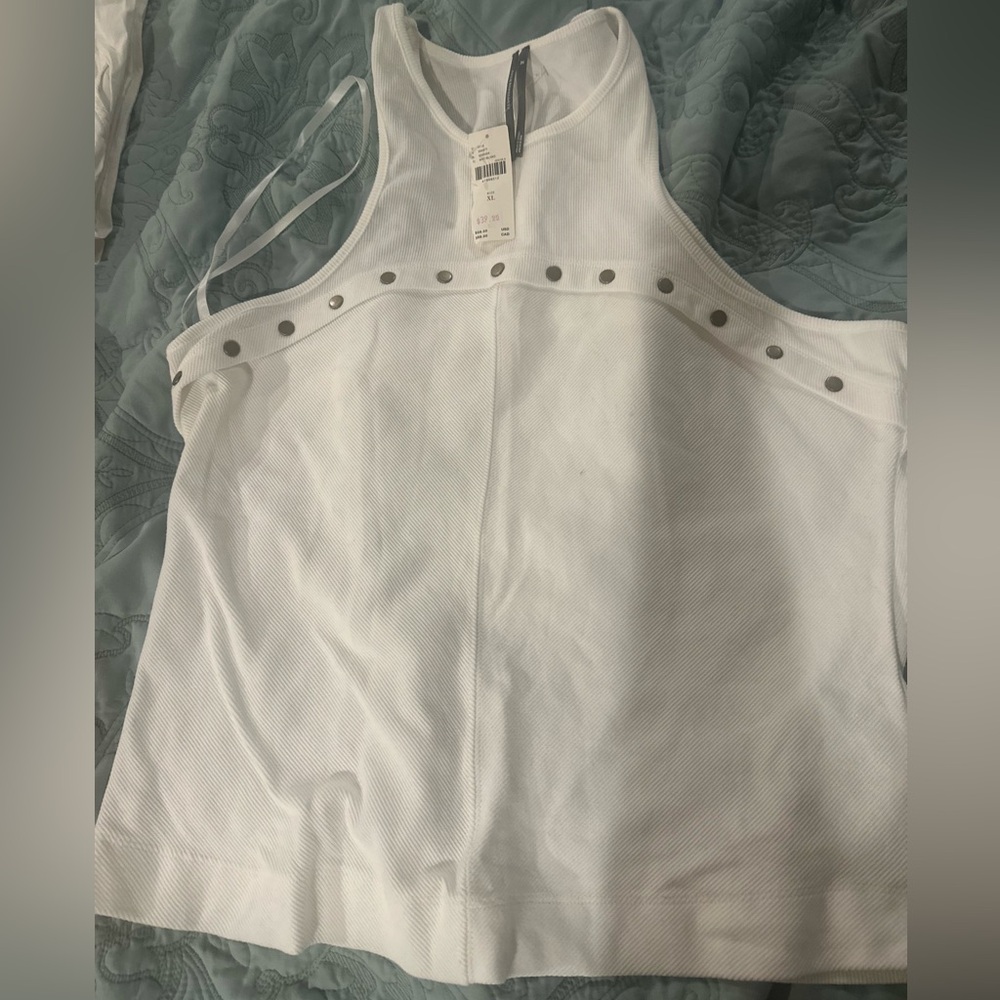 Anthropologie White Ribbed Racer Tank Top with Brass Snap Detail -XL NWT